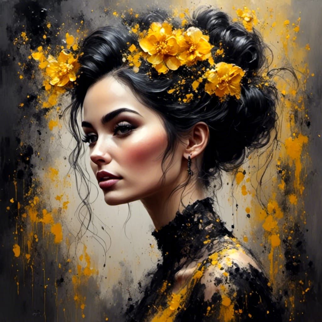 Painting of a classy woman with black updo hair