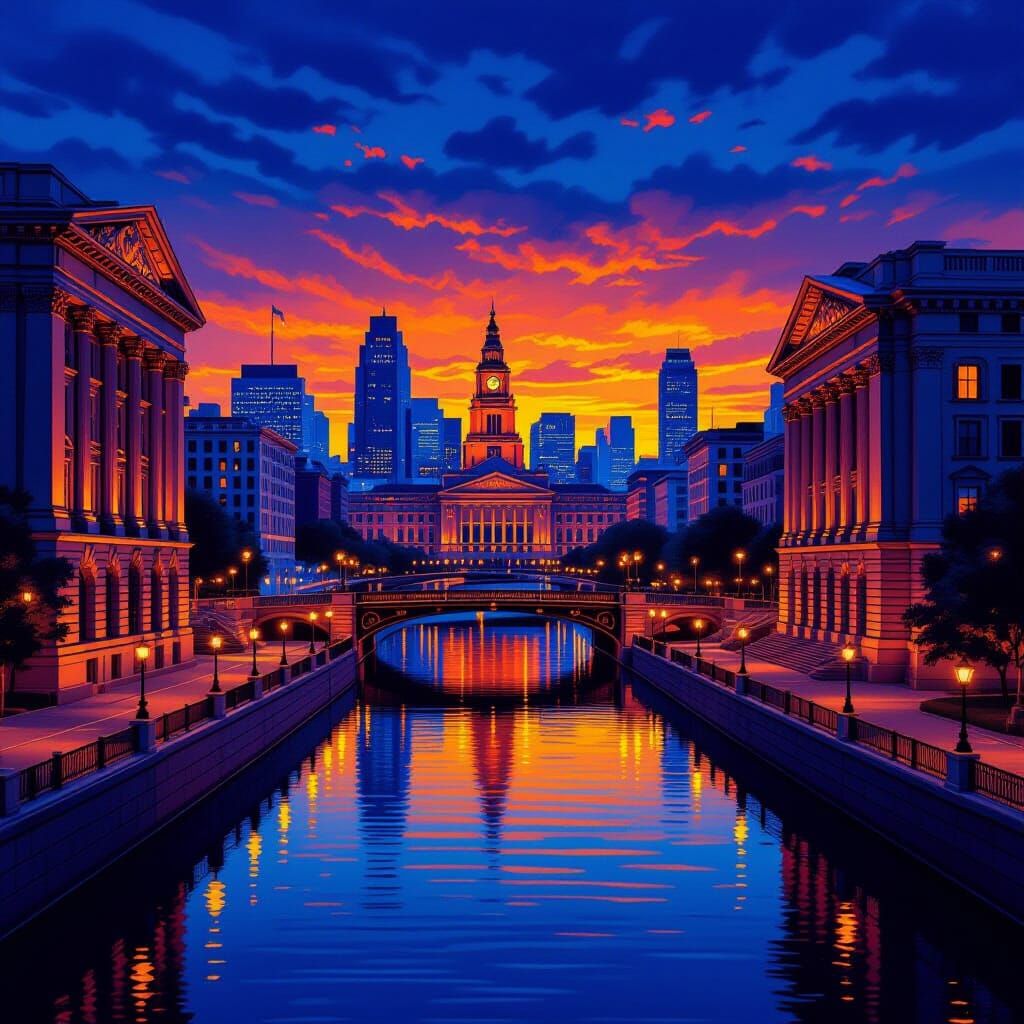 Vibrant City Twilight in Neo-Classical Mural Style