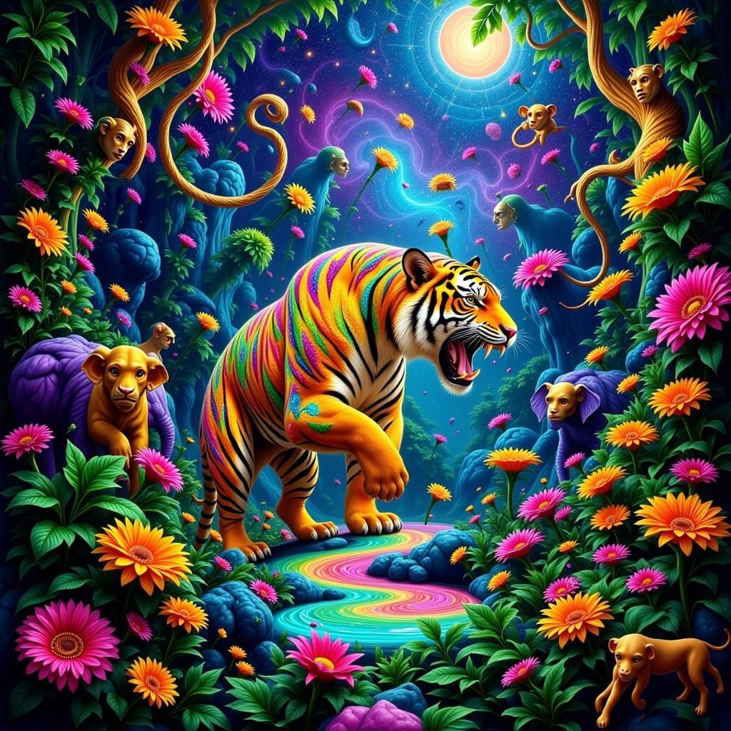 Surreal Psychedelic Tiger in Jungle with Golden Monkeys and ...