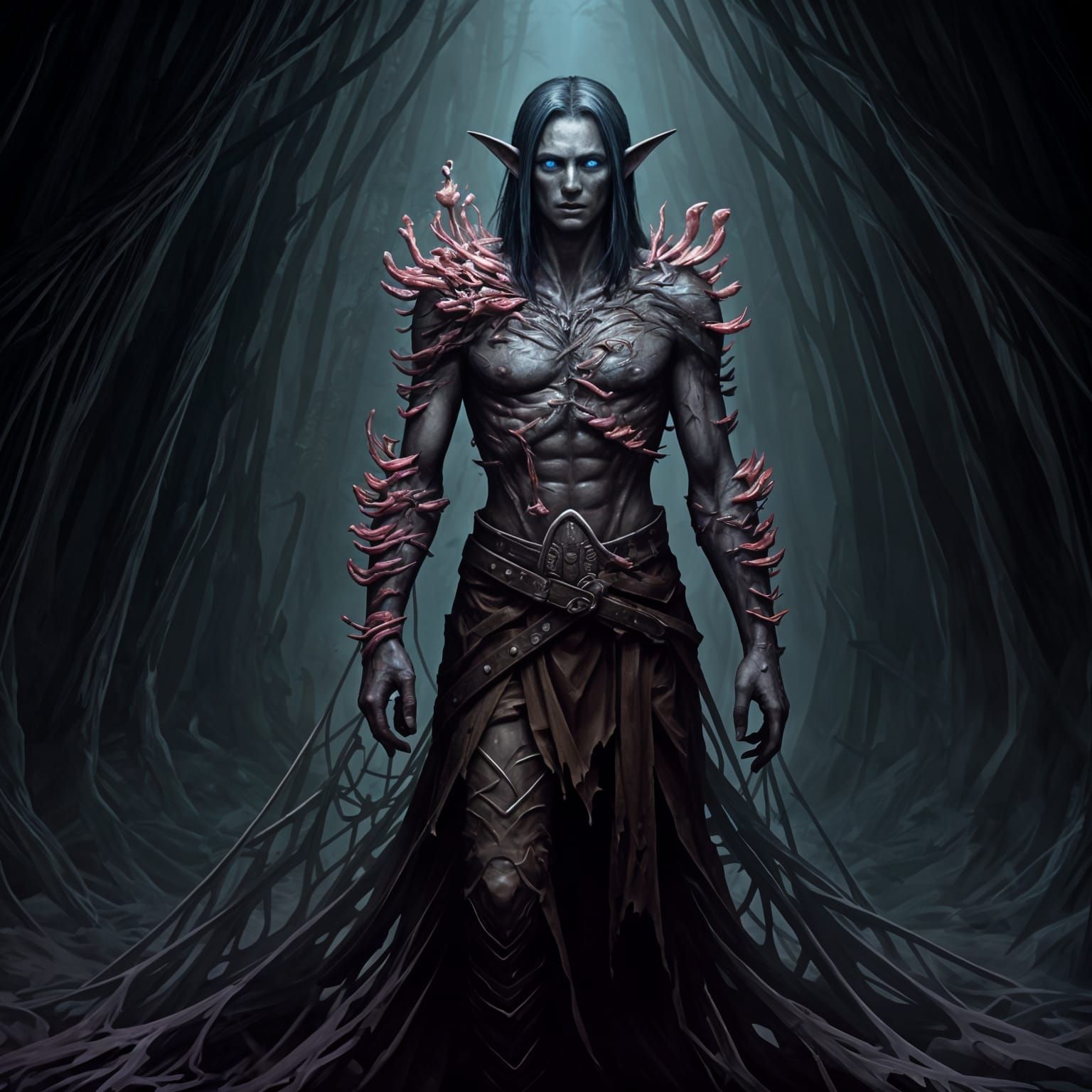 Decomposing Dark Elf Covered in Fungi with Glowing Eyes