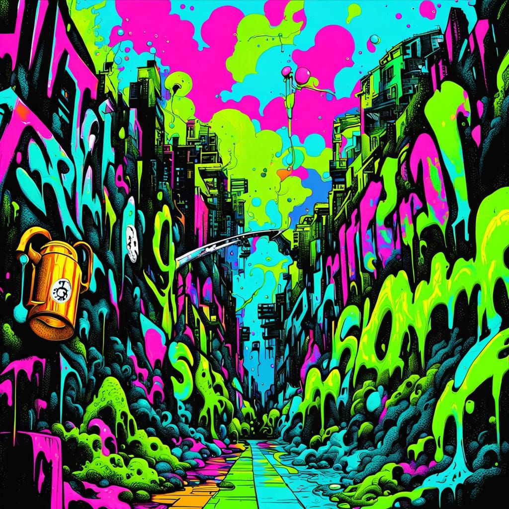 Death Holding Coffee Mug and Scythe as Graffiti Art