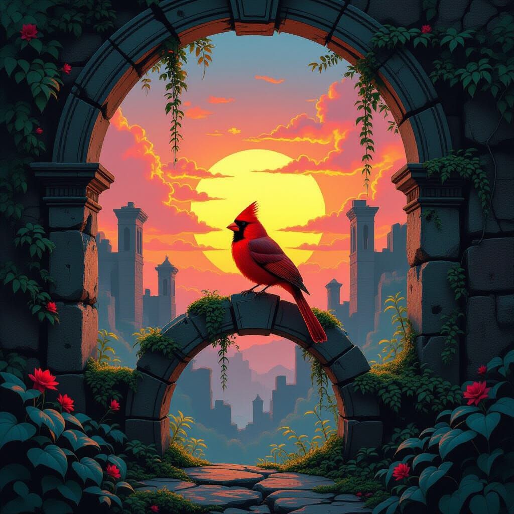 Cardinal on Archway at Psychedelic Sunset in Art Nouveau Sty...