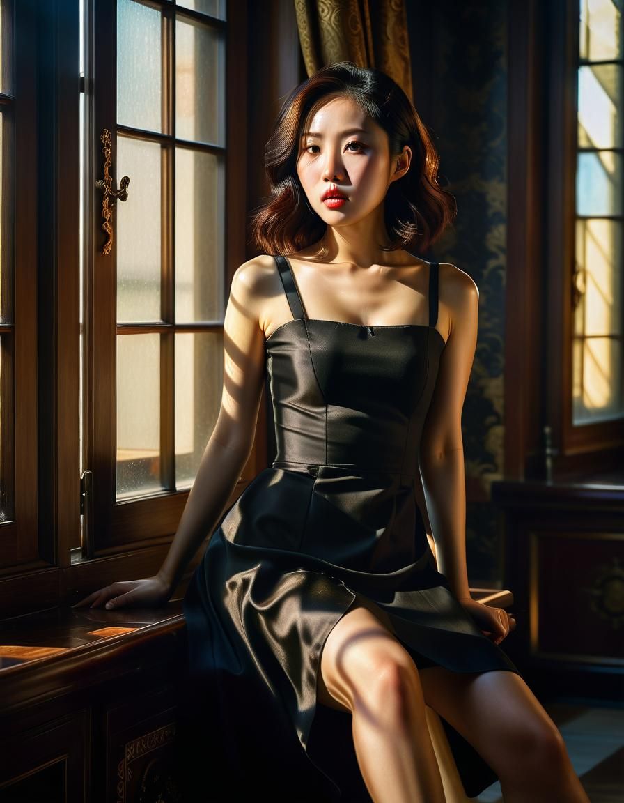 Korean Woman in Renaissance Salon, Baroque Oil Painting