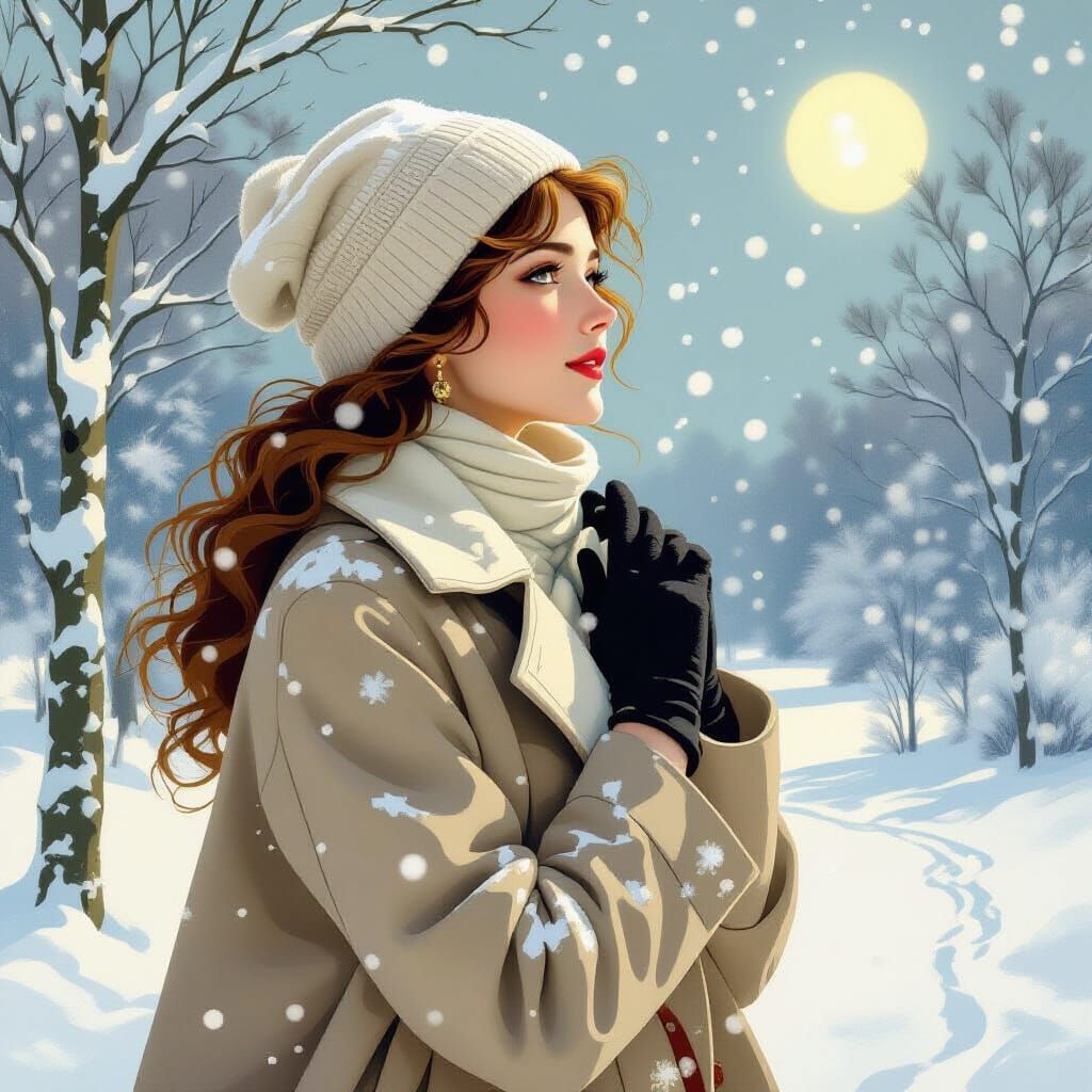 Jugendstil Woman in Serene Winter Landscape