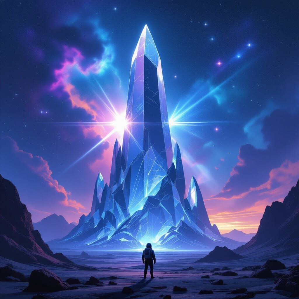 Astronaut Beside Colossal Crystal Structure on Alien Exoplan...