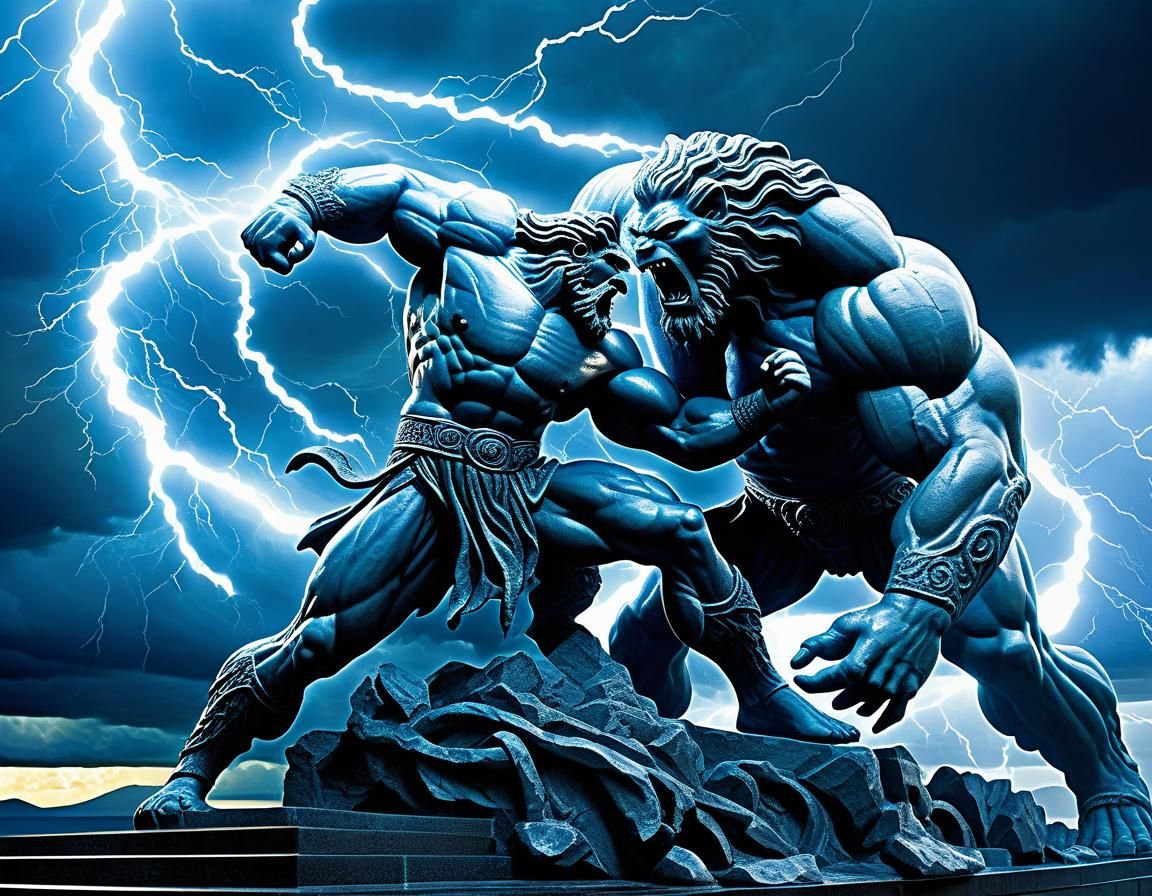 Zeus and Typhon Clash in Stone Carving