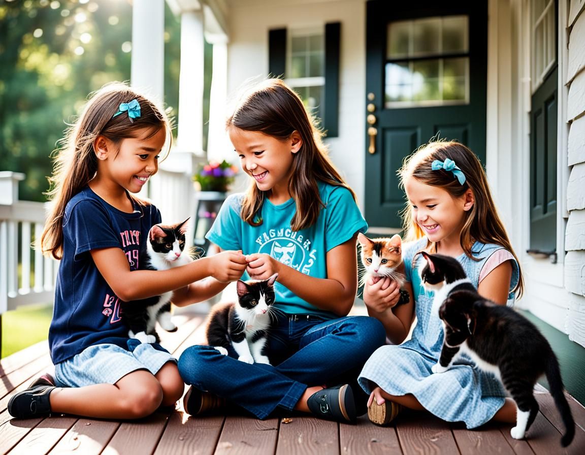 Young girls playing with kittens on the front porch