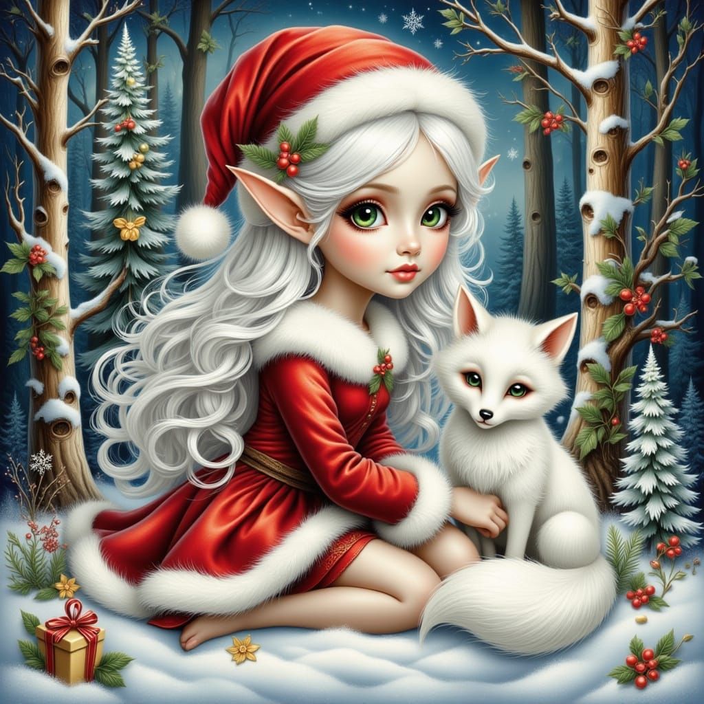 An enchanting embroidery Painting of a cute Christmas elf gi...