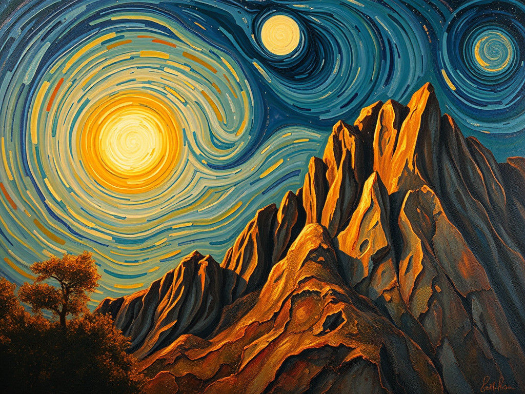 Mountain Under Swirling Starry Sky in Art Nouveau Style