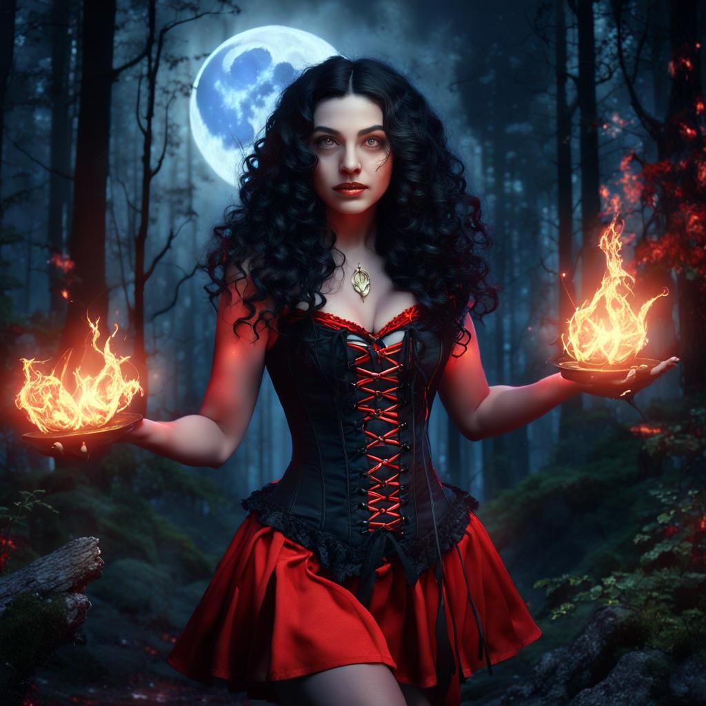 Sorceress Witch Casting Spells at Midnight, Digital Art