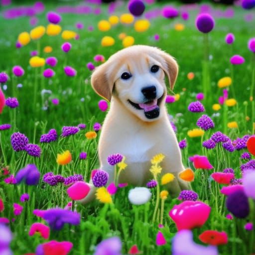 Puppy's Joyful Romp in Floral Meadow: Digital Art