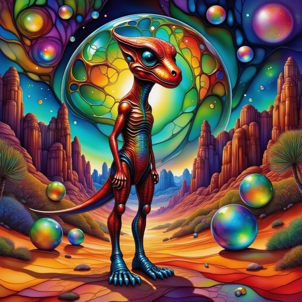 Surreal Desert Dreamscape with Glass Heads and Velociraptor