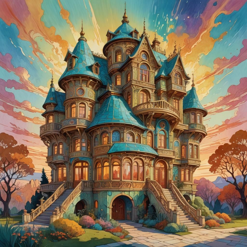 Dreamlike House in Gouache and Watercolor Style