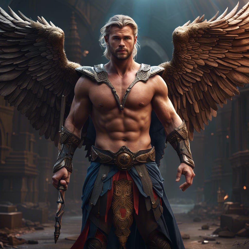 Shirtless Angelic Warrior in Detailed Matte Painting