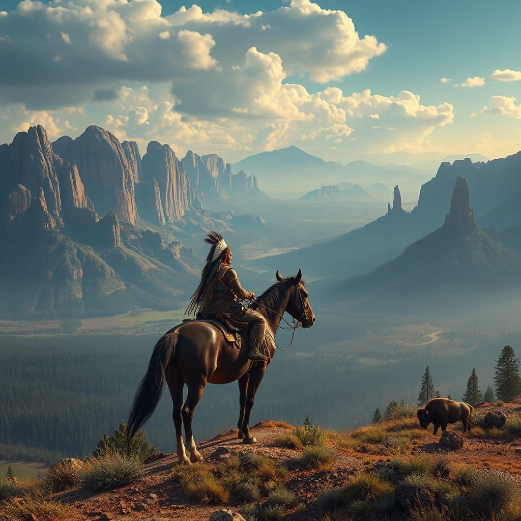 Ethereal Sioux Warrior Searches Horizon for Bison in a Dream...