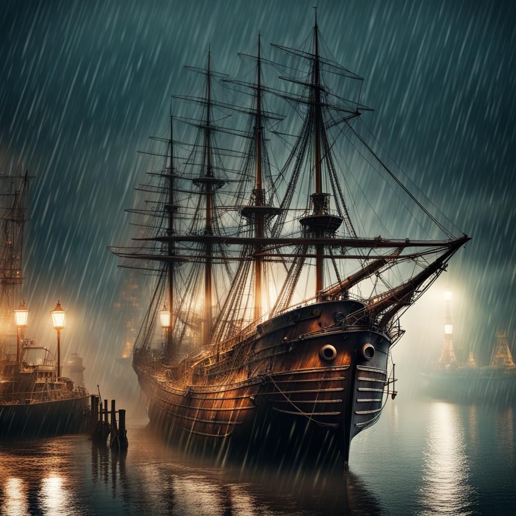 Steampunk Sailing Ship in Misty Harbor at Night