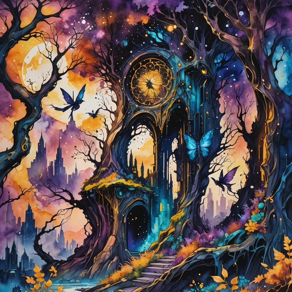 Fantasy Portal with Fairy, Robot, and Mythical Creatures