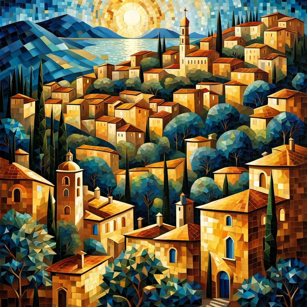 Italian Town at Night in Cubist Mosaic Style