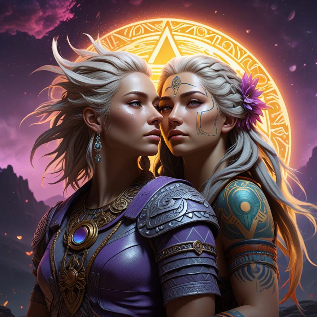 Moon Goddess and Sun God Embrace, Ethereal Art