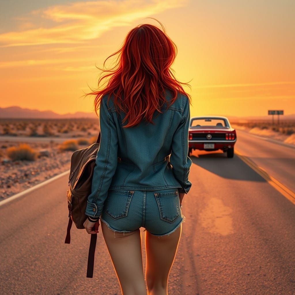 Fierce Redhead Woman Stands by Deserted Highway at Sunset