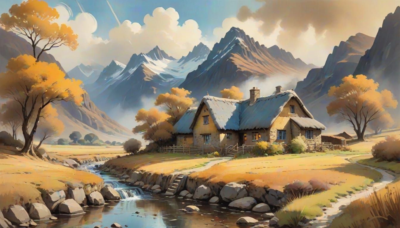 Vintage Impressionist Landscape of a Stone Cottage