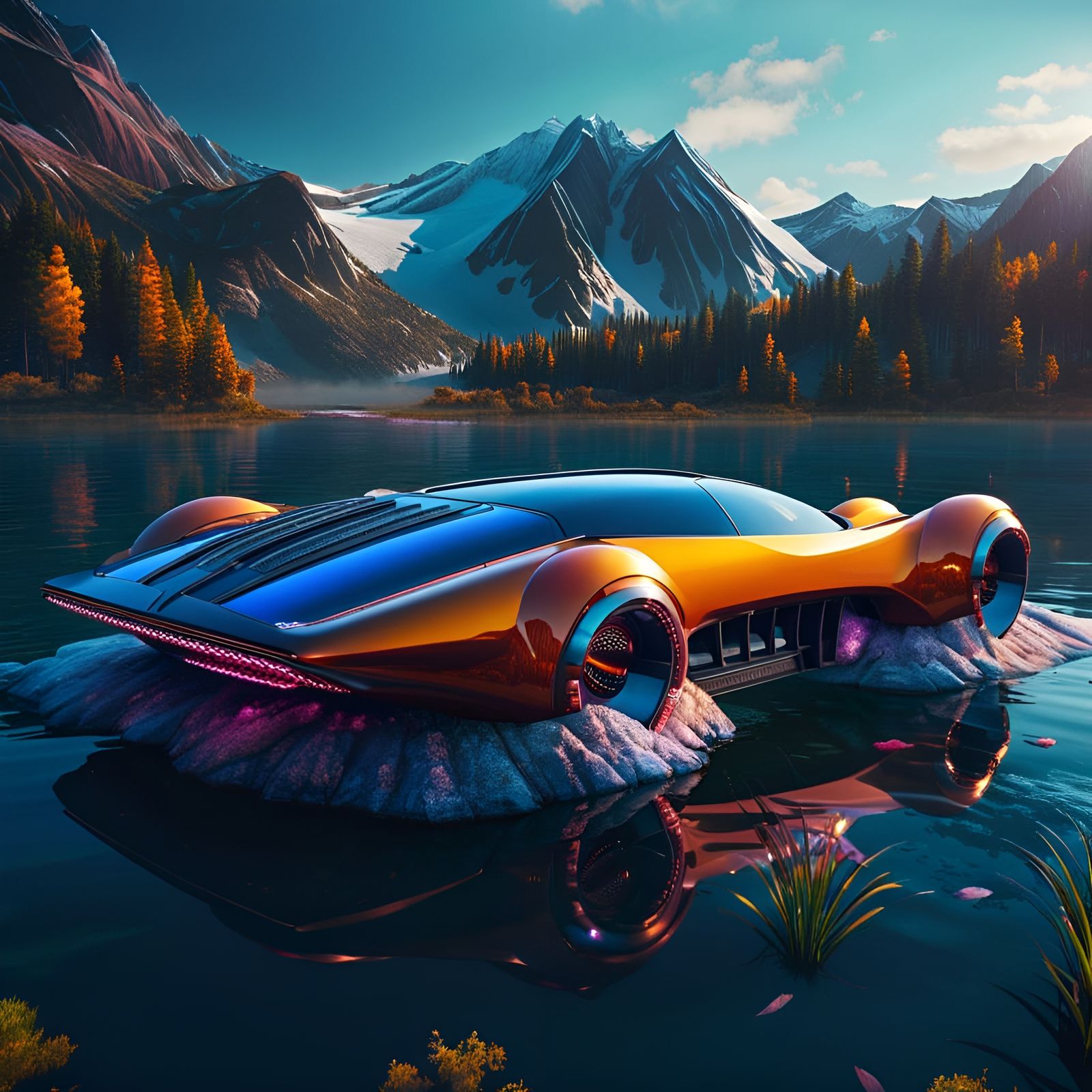 Futuristic Floating Car on Lake, Splash Art Style