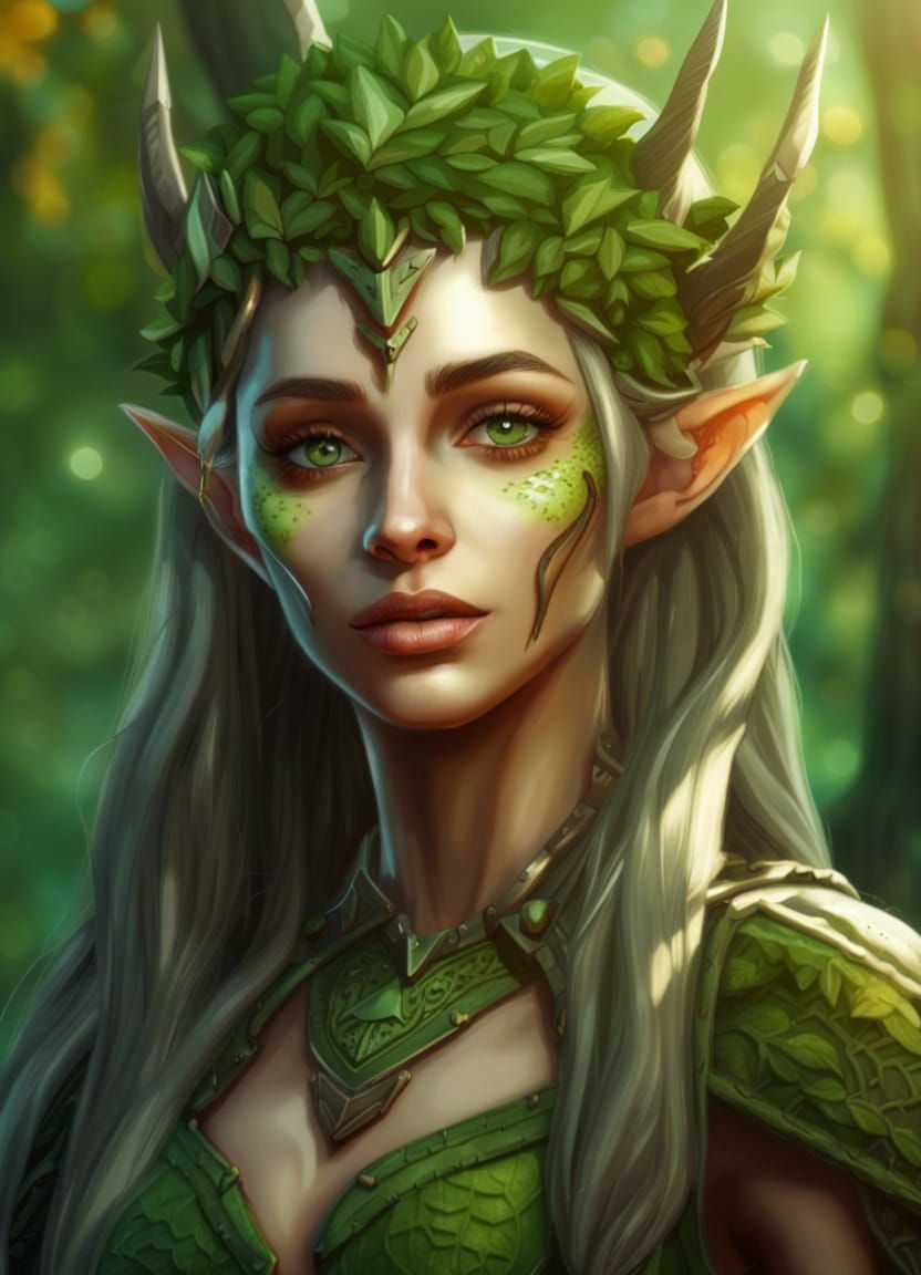 beautiful green forest scene with a beautiful warrior elf princess. insanely detailed elf princess. wood elf dryad