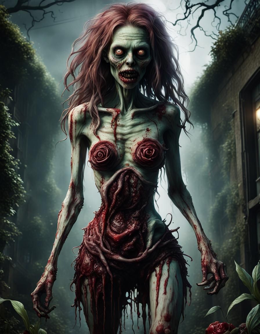 Scary Female Zombie Garden Monster in Biopunk Style