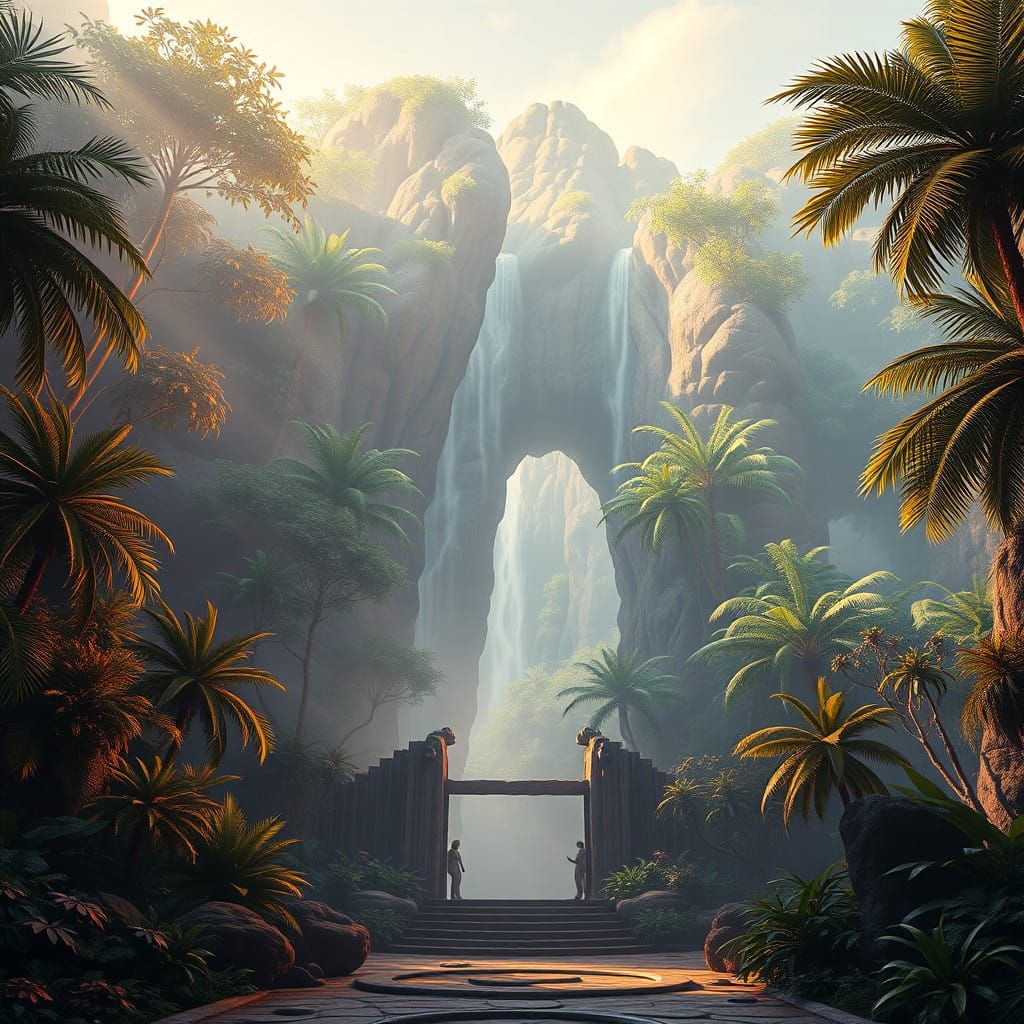 Majestic Jurassic World Gate in Vibrant Fantasy Art Style