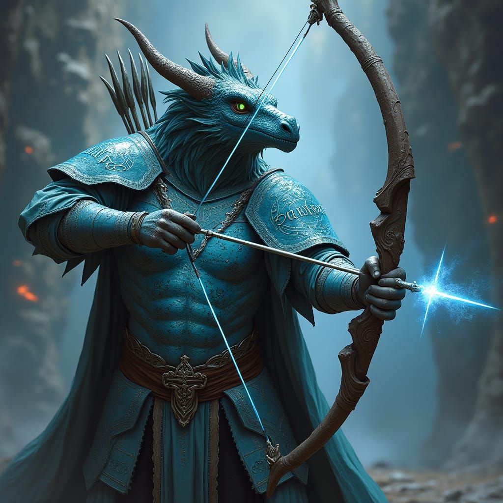 Heroic Archer in Dragon Armor Pulls Bowstring with Glowing R...