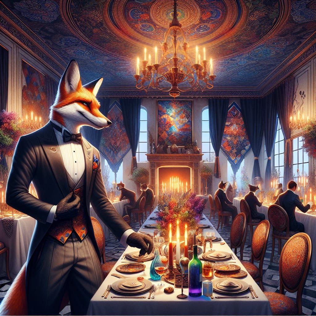 Anthropomorphic Fox in Tuxedo at Elegant Dinner Party