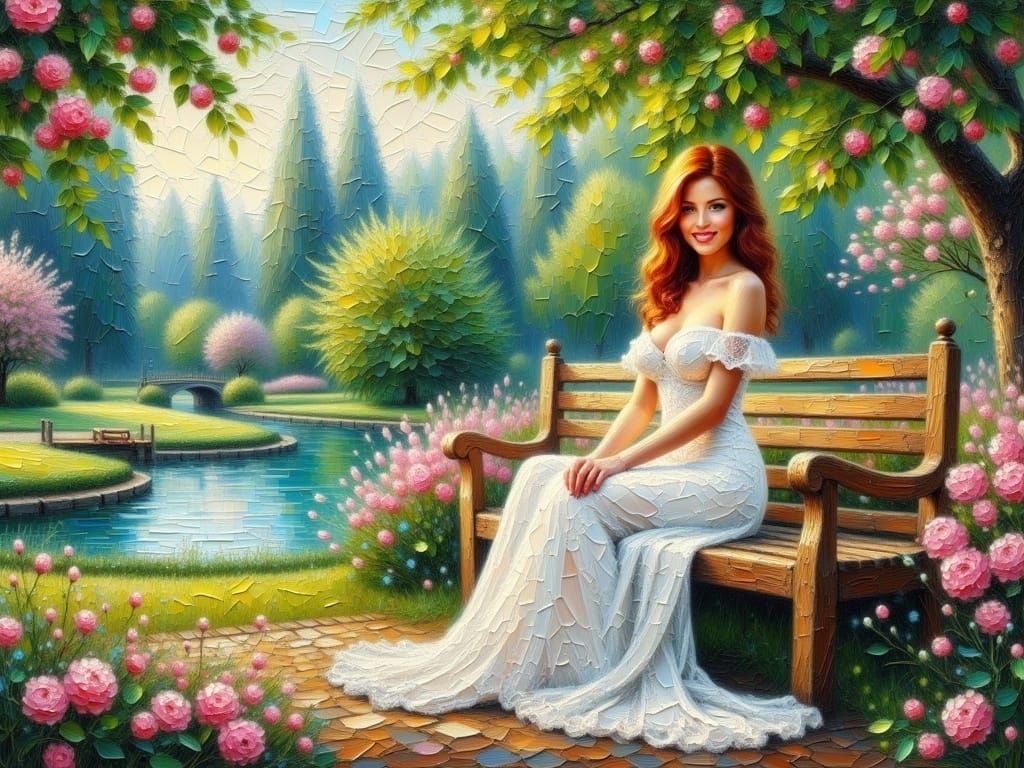 Sensual Woman in a Golden Garden Scene, Oil Painting in Impa...