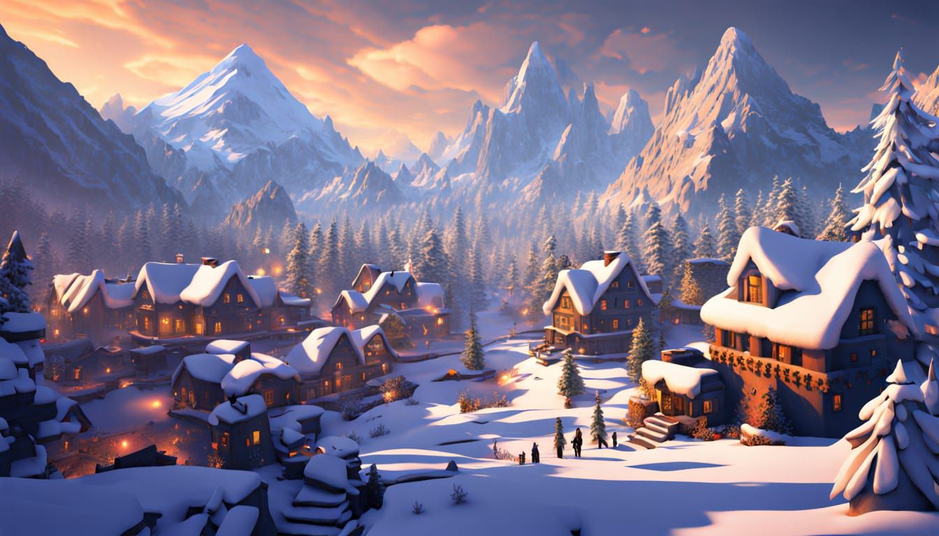 Snowy Minecraft Village at Mountain Base in Winter