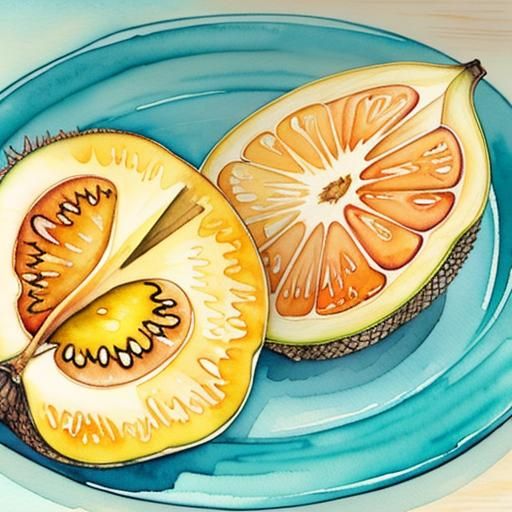 Realistic Jackfruit in Watercolor on Turquoise Plate