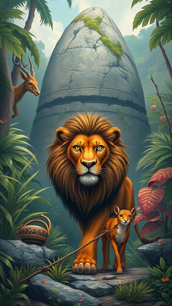 Majestic Lion Chases Treasure with Quick-Witted Mouse Deer i...