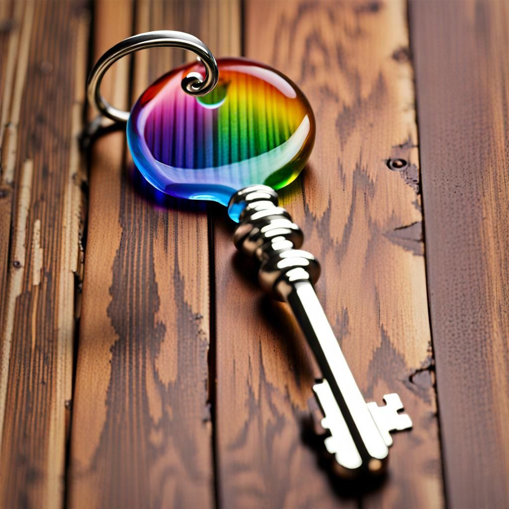 Rainbow Glass Key on Wood Background