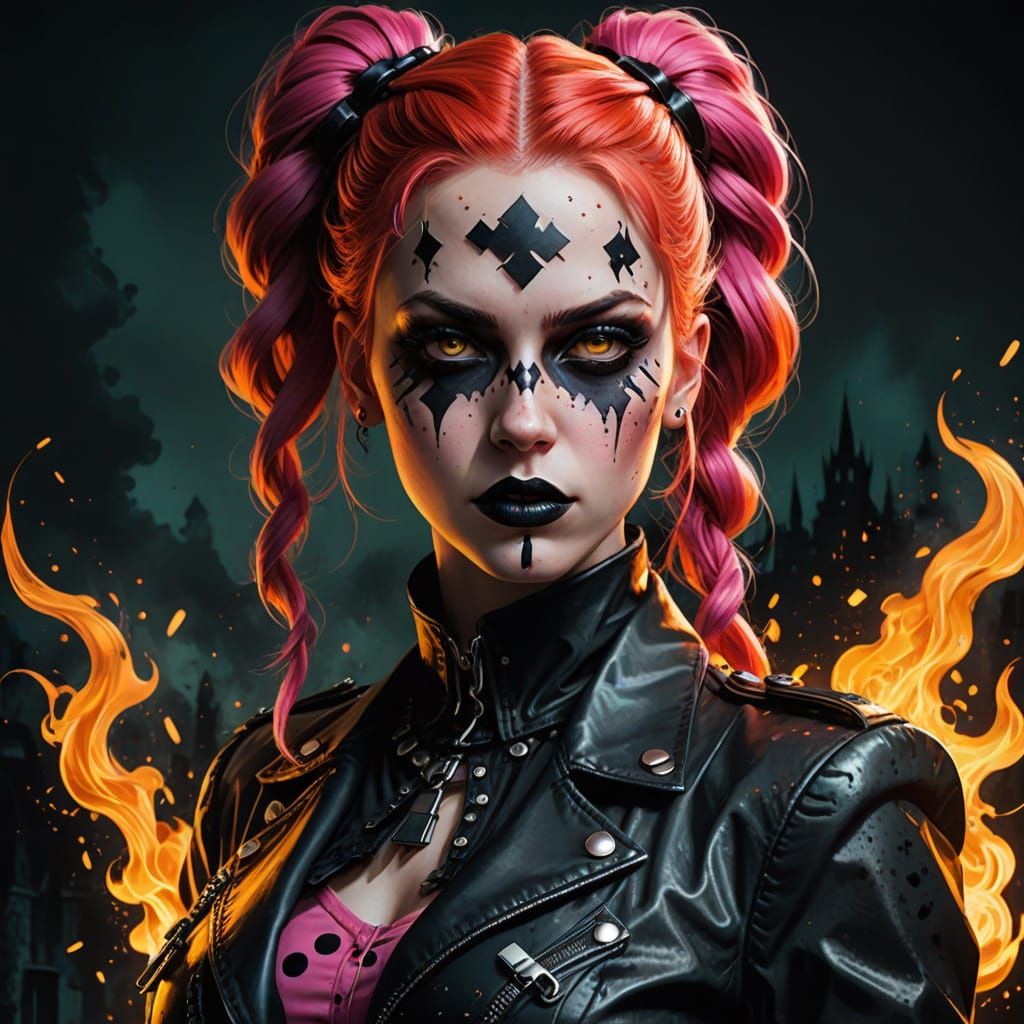 Gothic Rebel with Fiery Pigtails in a Dark, High-Energy Digi...