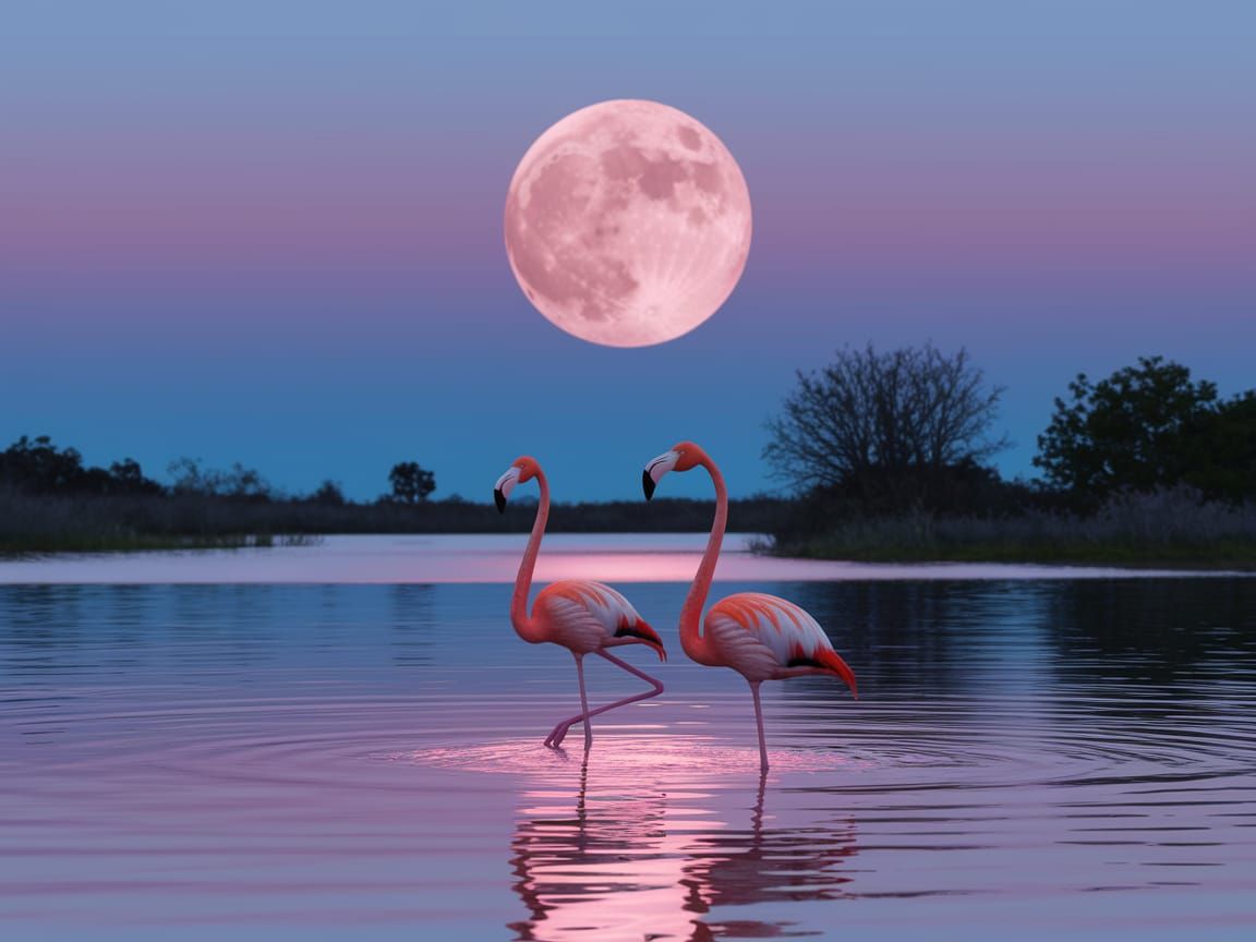 Flamingos Under a Pink Moon at Dusk