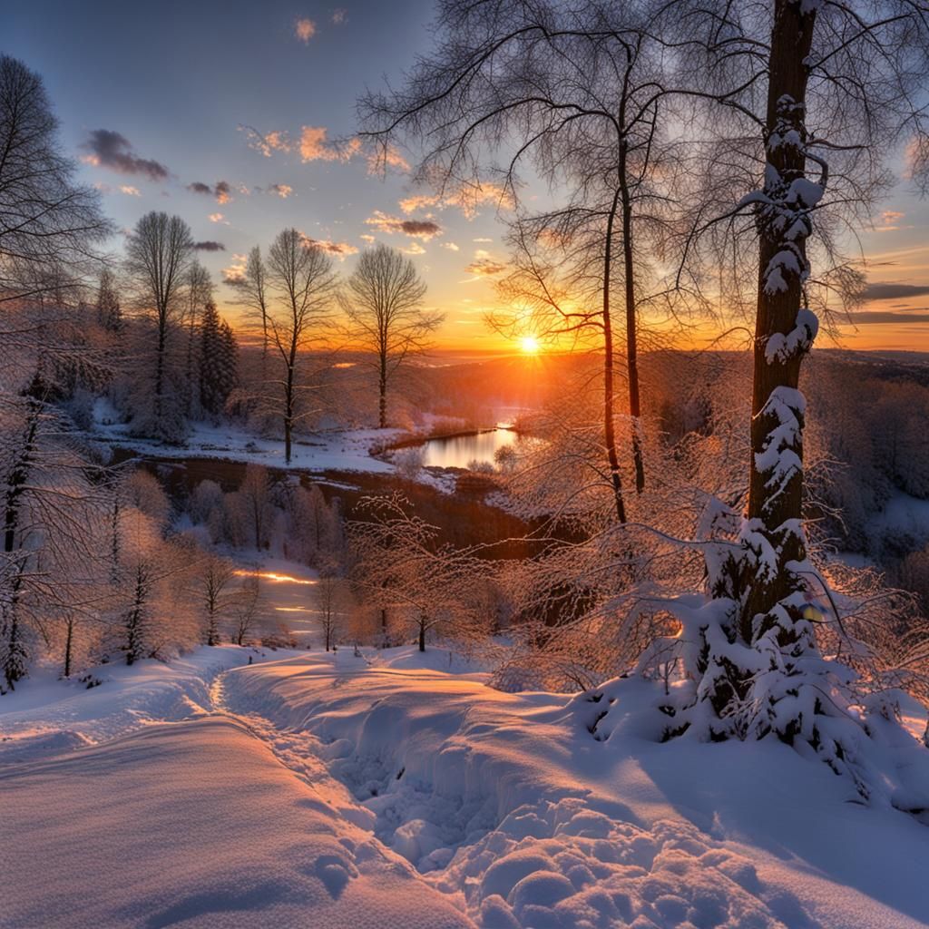 Winter Sunset Landscape Painting