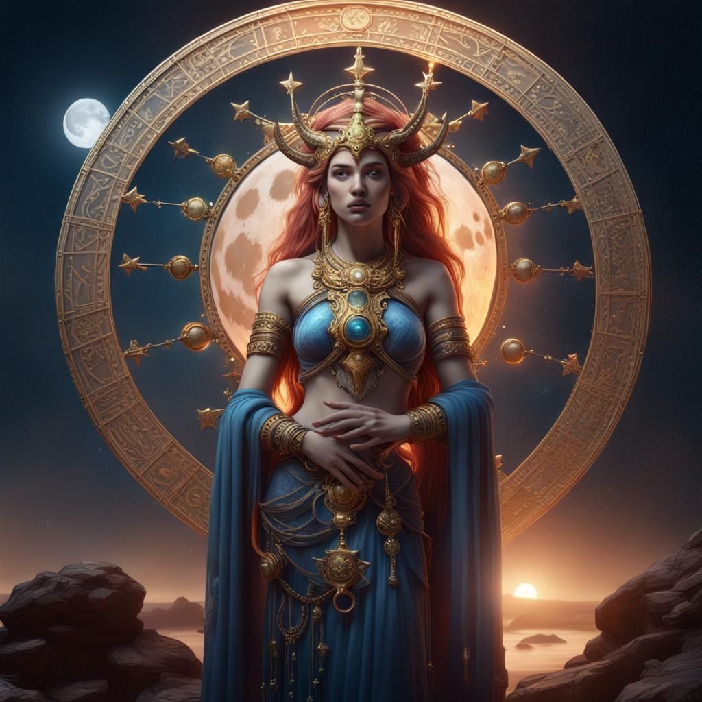 Zodiac Goddess in Astral Landscape: Detailed Matte Painting