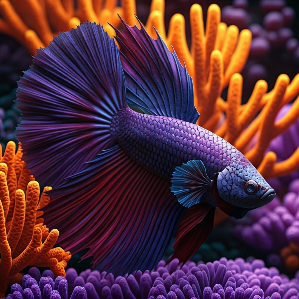 Purple Betta Fish Among Orange Coral: Hyperrealistic