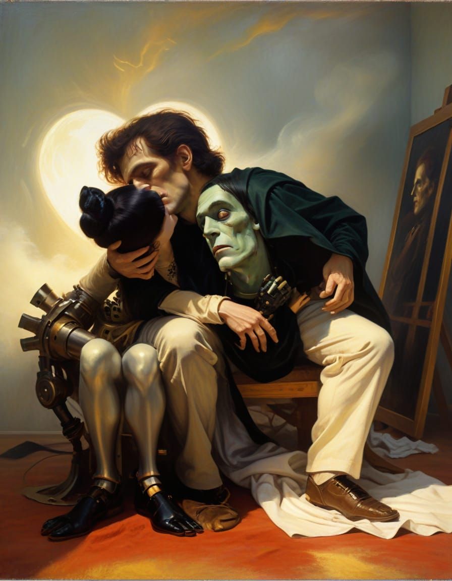 Frankenstein's Monster Kissing Robot Girlfriend: Pre-Raphael...