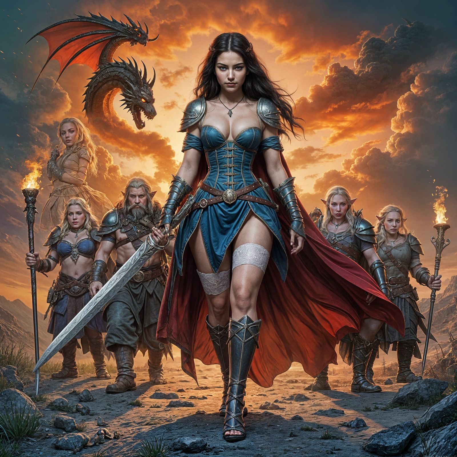 Warrior Snow White Leads Seven Dwarfs Against Dragon