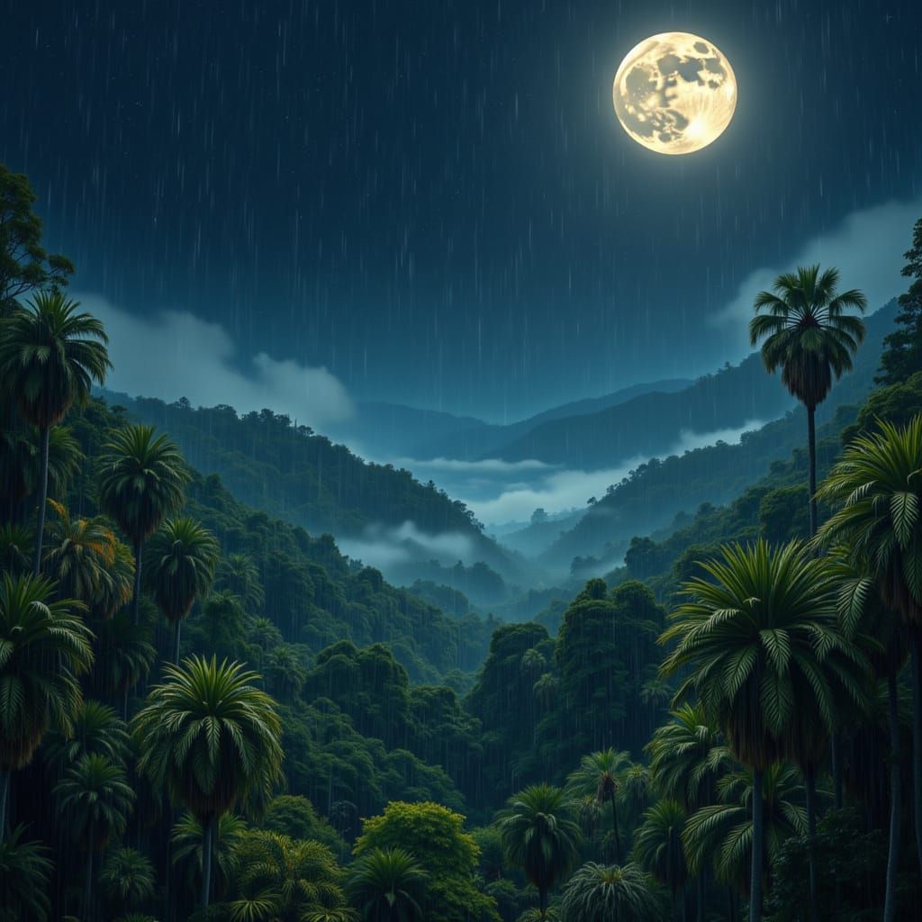 Lush Rainforest Nightscape with Stars and Hidden Monkeys