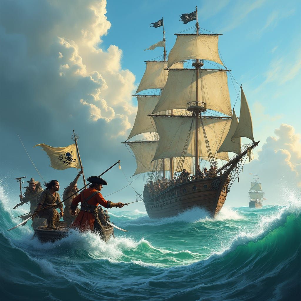 Create a dynamic and vivid fantasy scene of a naval battle at sea during a bright, stormy day. Show a large pirate galle...