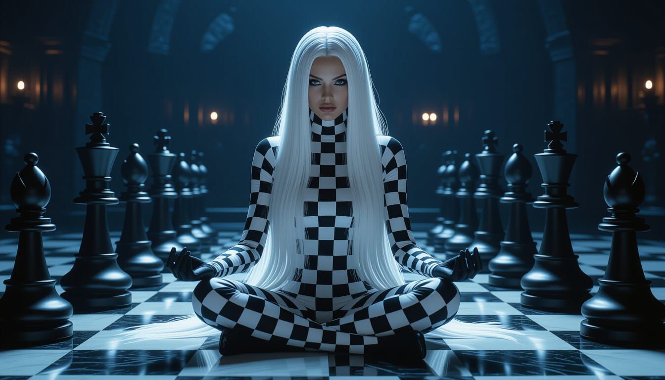 Chessboard Woman in Mystical Environment: Photo-realistic 8K