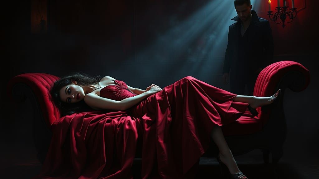 Vampire Woman in Crimson Gown, Digital Art Style