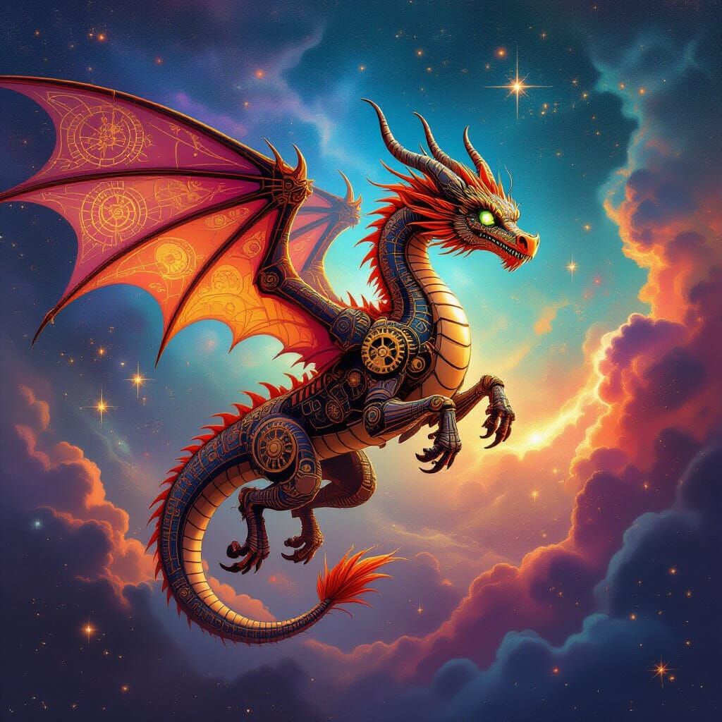 Automaton Dragon Soars Through Nebula in Art Nouveau Style