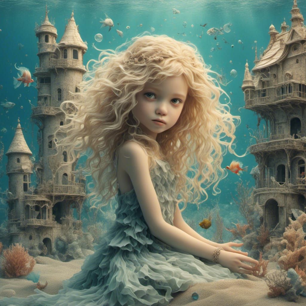 Blonde Mermaid Playing with Seahorses Under the Sea