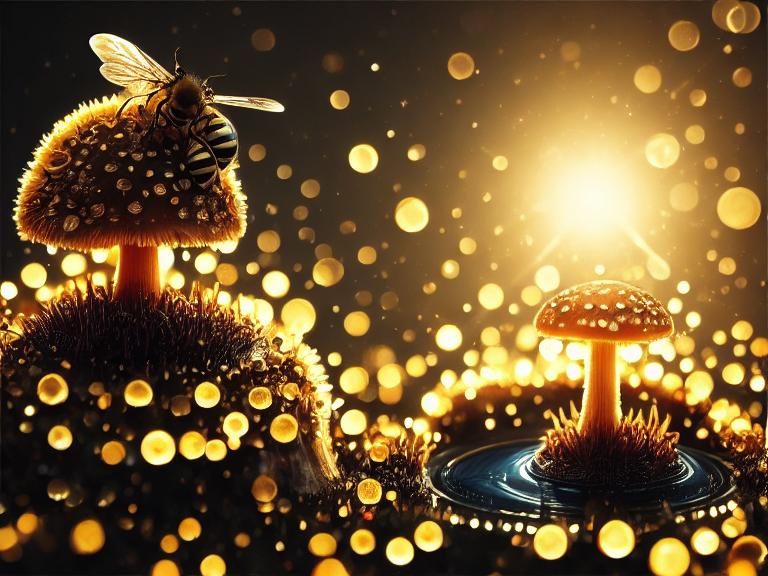 Anthropomorphic Bee on Mushroom: Macro Photorealistic Art